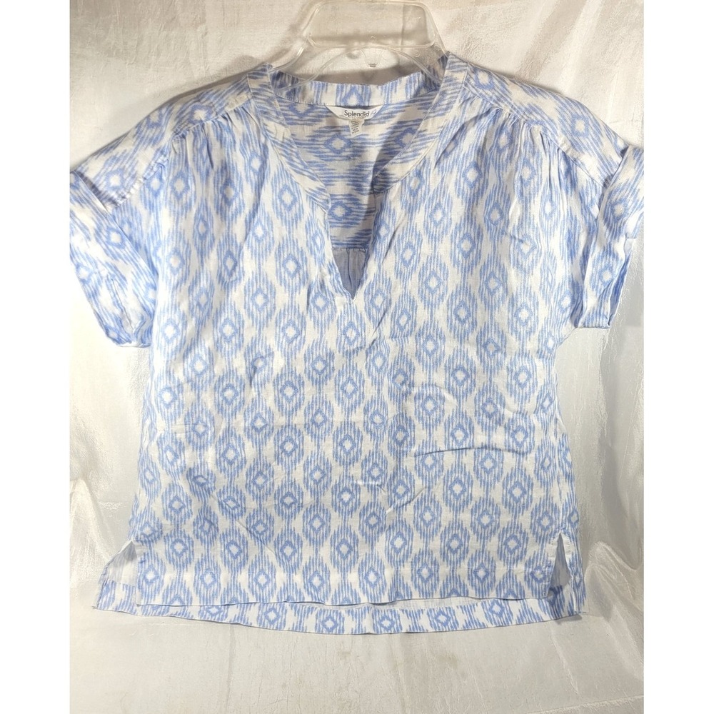 Splendid Women's 100% Linen Short Sleeve Ikat Print Top - Blue/White - Small